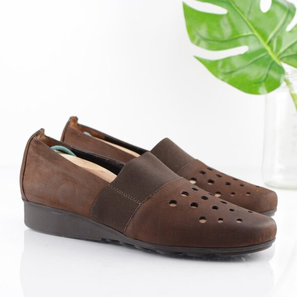 Paul Green Womens Slip On Shoe Size 8 Brown Leather Low Wedge Loafer Cutouts - Picture 1 of 12